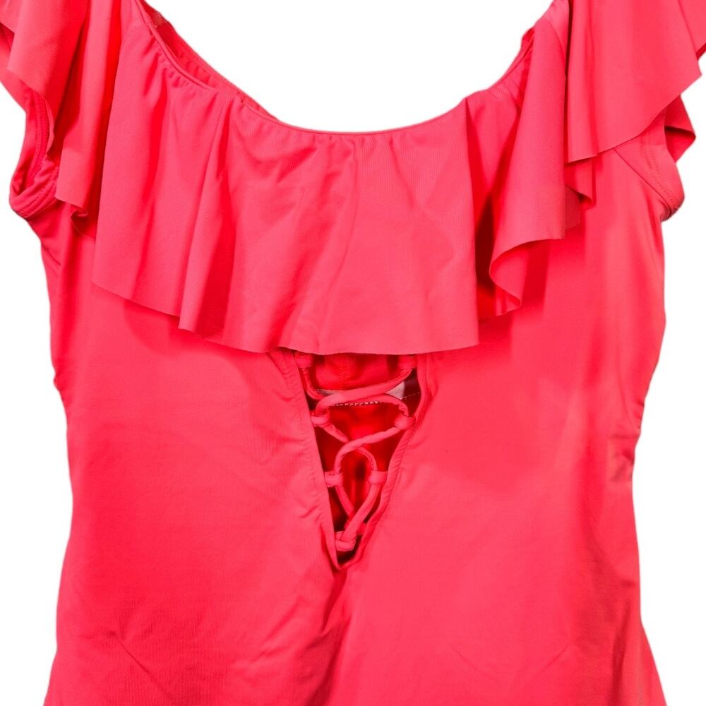 La Blanca Island Goddess Off Shoulder Ruffle One Piece Swimsuit 14 Hot Coral - Picture 6 of 9